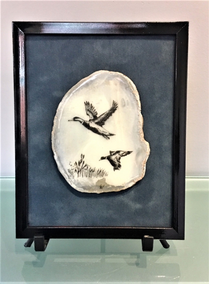 Scrimshaw Mallard Ducks on Agate